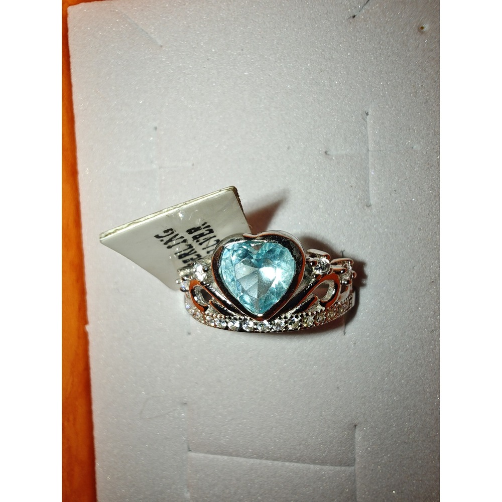 Tiara Ring Sterling Silver Heart Light Blue Stone Crown Filigree Design